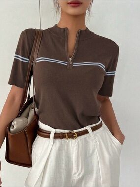 Women's Brown Short-Sleeve Zip-Neck Knit Tee with White Stripe
